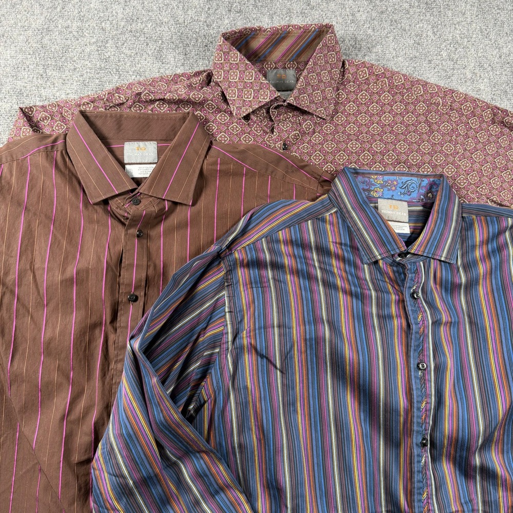 Thomas Dean Button Down Shirts Mens XXL Lot of 3 Blue Burgundy Striped Geometric